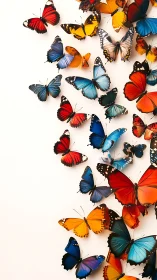 Multiple colored butterflies are arranged on a light background