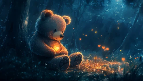 Enchanted teddy bear in moonlit forest with glowing hearts.