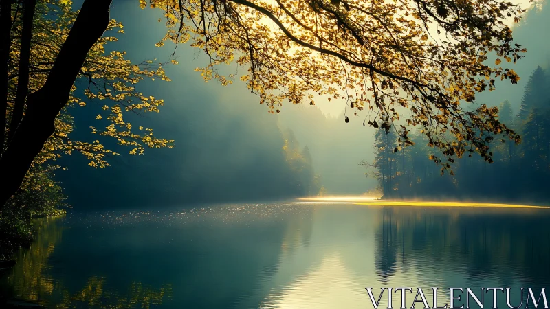 Golden dawn over a misty forest lake of quiet wonders.