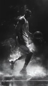 Monochrome digital rendering shows basketball player dribbling