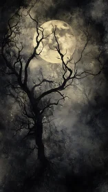 Gnarled dead tree silhouetted against haunted full moon.