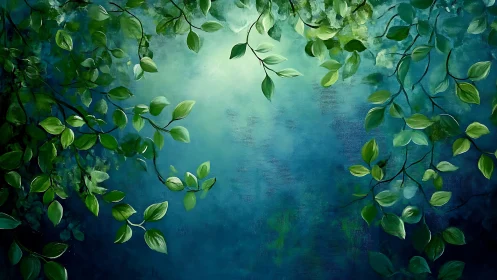 Green foliage branches against diffuse teal background.