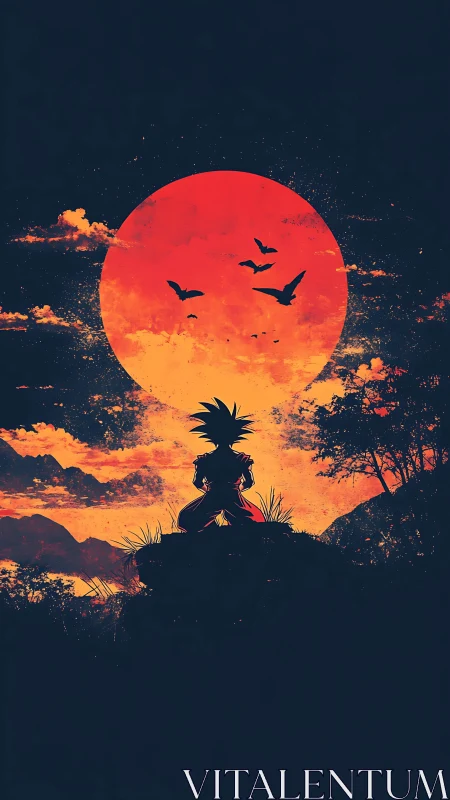 Warrior silhouette studies burning red sun at dusk