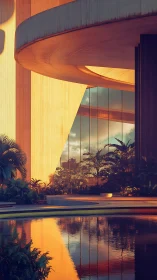 Modern curved building with pool and lush tropical garden.