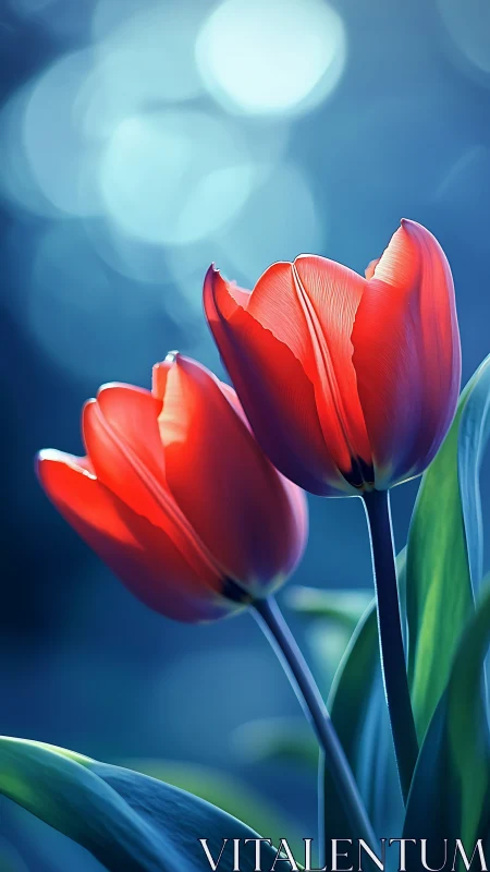 Red Tulips Backlit Against Blue Abstract Bokeh