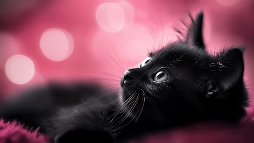 Black cat lies on pink bokeh background with upward gaze