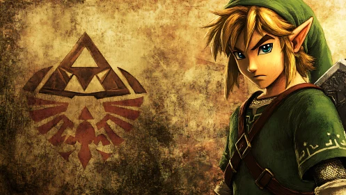 Heroic elf warrior stands ready beside bold golden emblem