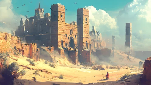 Desert traveler approaching towering ruined sandstone city.