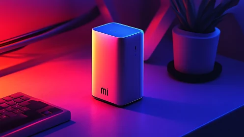 Xiaomi Mi smart device on neon gradient desk setup environment.