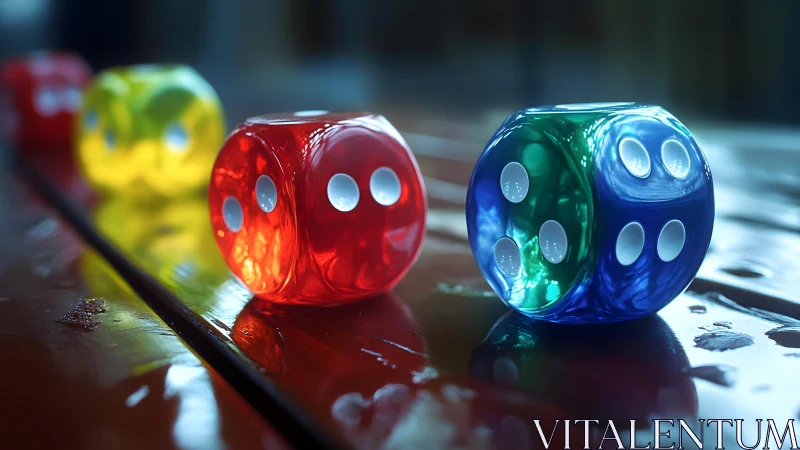 Translucent colored dice on wet reflective wooden surface