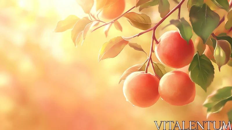 Sunlit peach branch with ripe fruit and soft bokeh glow.