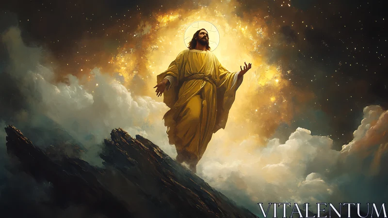 Luminous robed figure rises through storm-lit cosmic clouds