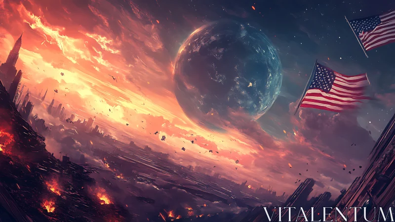 Apocalyptic American skyline tilts beneath looming planet.