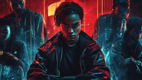 Brooding cyber crew under neon red and teal haze.