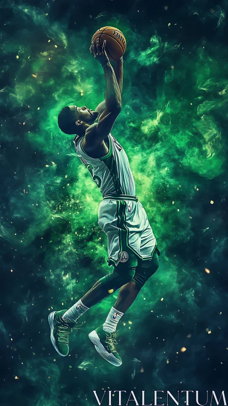 Dynamic basketball dunk explodes through swirling green cosmos.