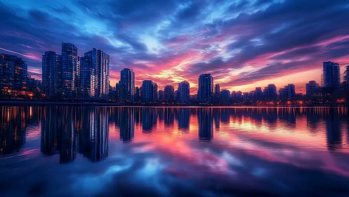 City towers resting under a dreamy pink and blue sunset.
