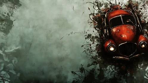 Rusty red vintage car bursting through textured wall