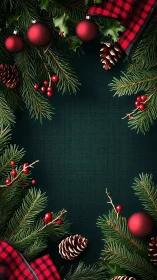 Symmetrical Christmas border uses fir, matte baubles and pinecones
