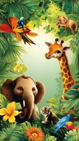 Colorful jungle animals gathered in lush tropical foliage.