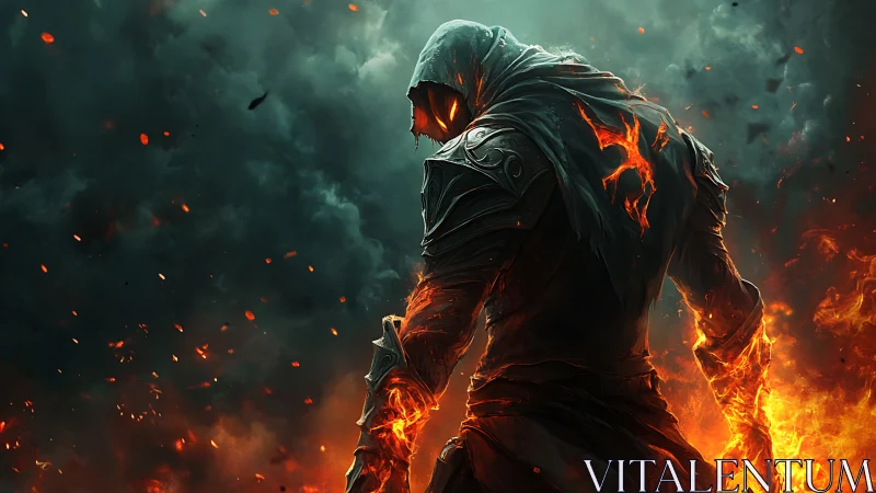 Fiery hooded warrior strides through swirling stormfire