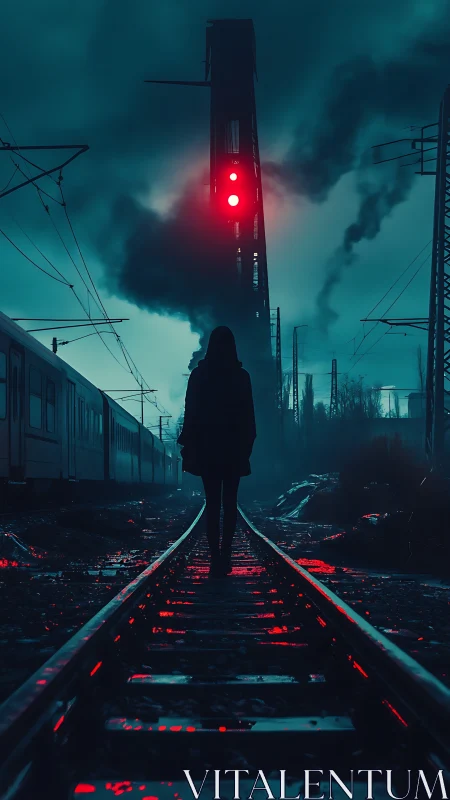 Silhouette stands on wet tracks under red railway signals