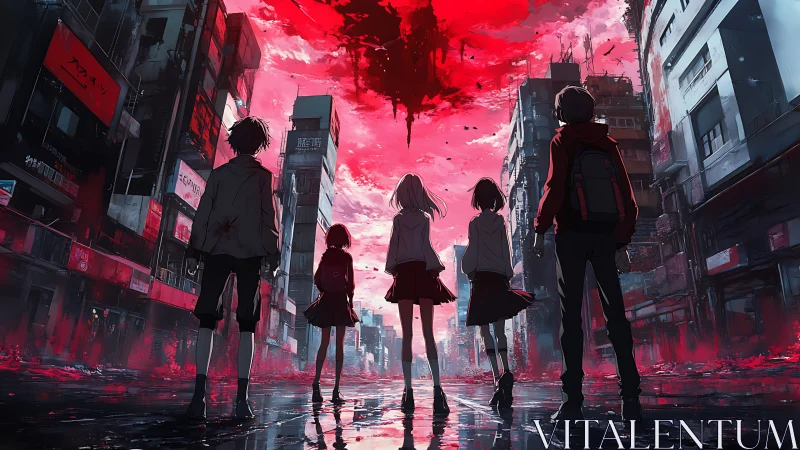 Group of youths in ruined city under red fractured sky.