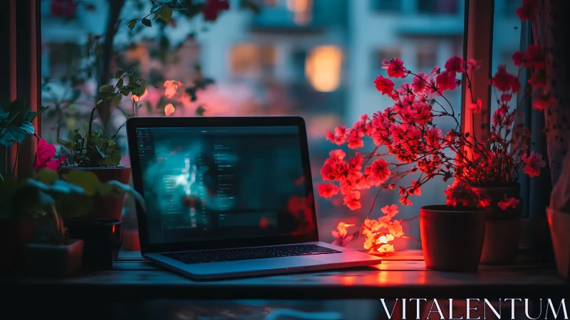 Laptop glows softly amid neon flowers in a twilight workspace