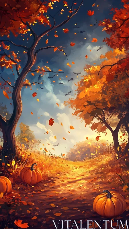 Autumn forest path with pumpkins under evening sky.