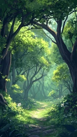 Forest Path Through Ancient Trees with Dappled Light.