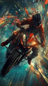 Rider in red races through a storm of color and motion.