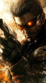 Armed cyberpunk soldier with glowing orange visor glasses.