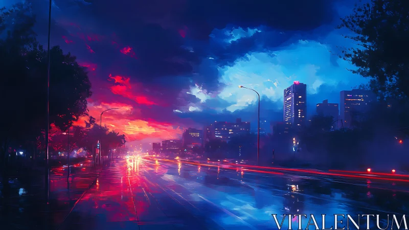 Neon dusk boulevard with reflective cyberpunk city skyline.