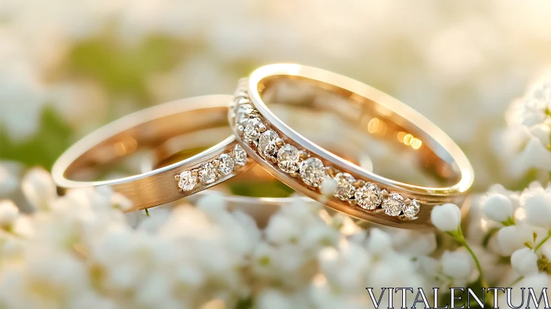 Golden wedding rings sparkling in soft spring blossoms.