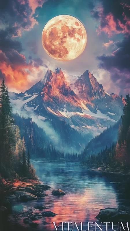 Lunar magnification over alpine peaks and reflective glacial river.