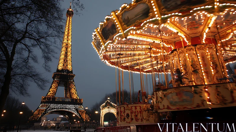 Illuminated Eiffel lattice and rotating carousel light dynamics.