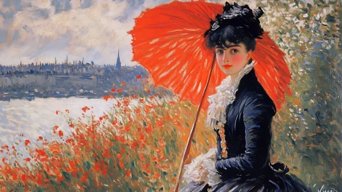 Scarlet umbrella quietly steals the riverbank summer sky