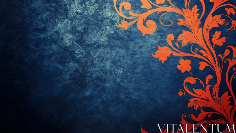 Ornate orange floral scrollwork overlays textured navy background
