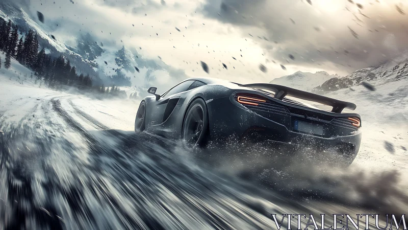 Supercar powers through icy mountain pass in snowstorm.