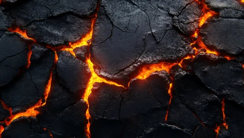 Molten Lava Flow: Incandescent Cracks Through Cooling Basalt.
