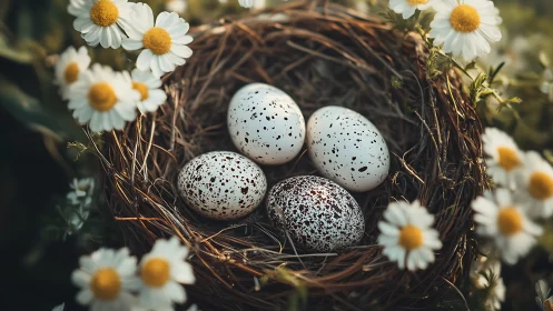 Speckled bird eggs rest in a nest among blooming daisies.