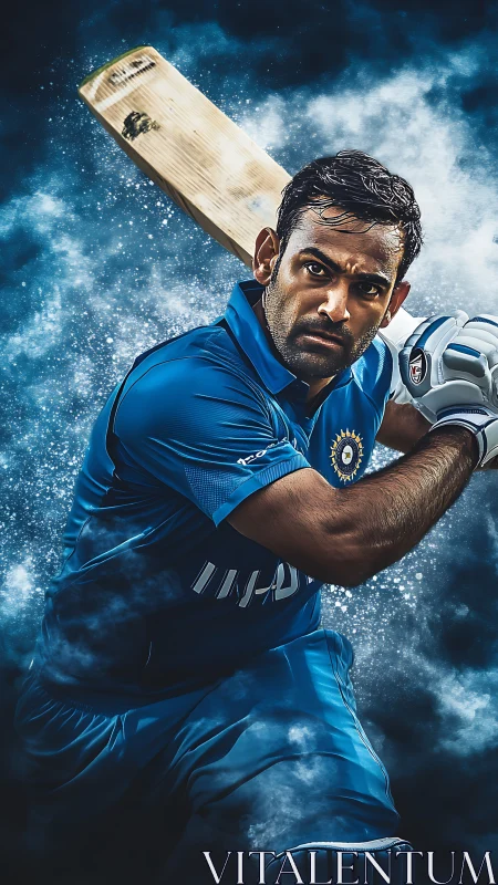 Storm-sculpted cricket warrior locked in cosmic swing.