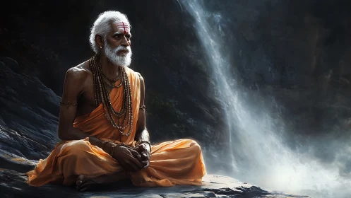 Elderly orange-robed sage meditating beside misted waterfall.