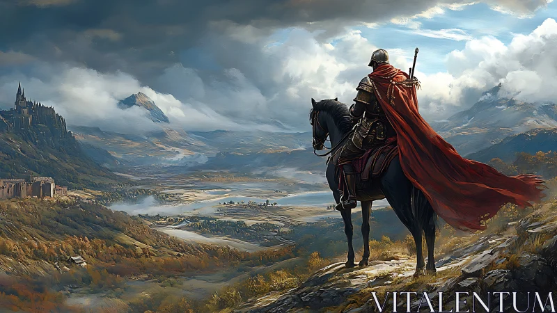 Lone armored rider gazes over a vast misty fantasy valley