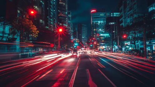 Neon city avenue with red light trails at nightfall.