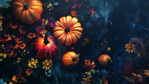 Pumpkins and autumn flowers on dark textured background.