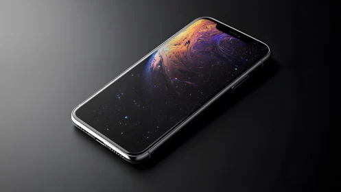 Modern smartphone with vibrant display on dark reflective surface.