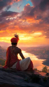 Regal figure overlooks river city beneath blazing sunset sky.