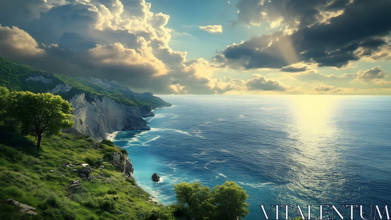 Sunlit emerald cliffs descending toward tranquil azure sea.