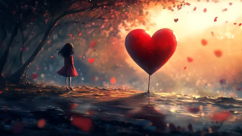 Girl Gazing at Luminous Heart in Golden Realm.