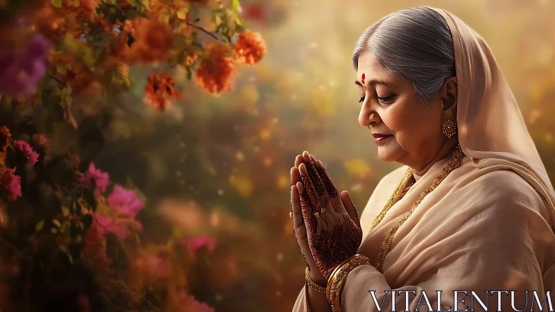Elderly woman in serene prayer amid glowing garden light.
